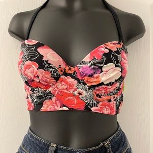 Bikini Village floral bikini top removable top straps double clasp at back Sz XS